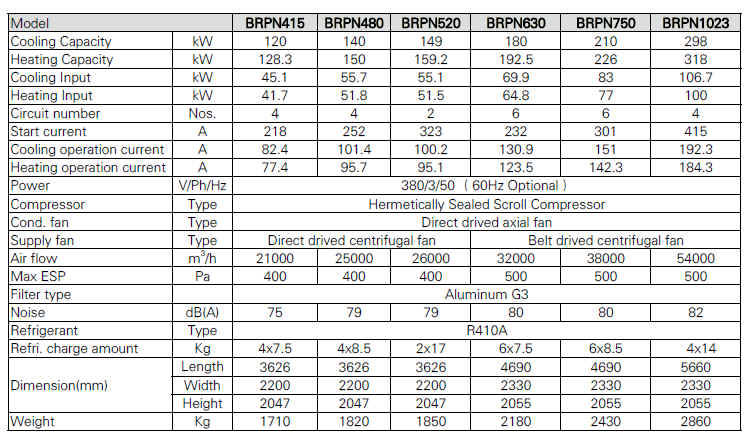 Bueco rooftop packaged air conditioning data